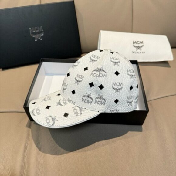MCM White Visetos Monogram Baseball Cap - Picture 1 of 6